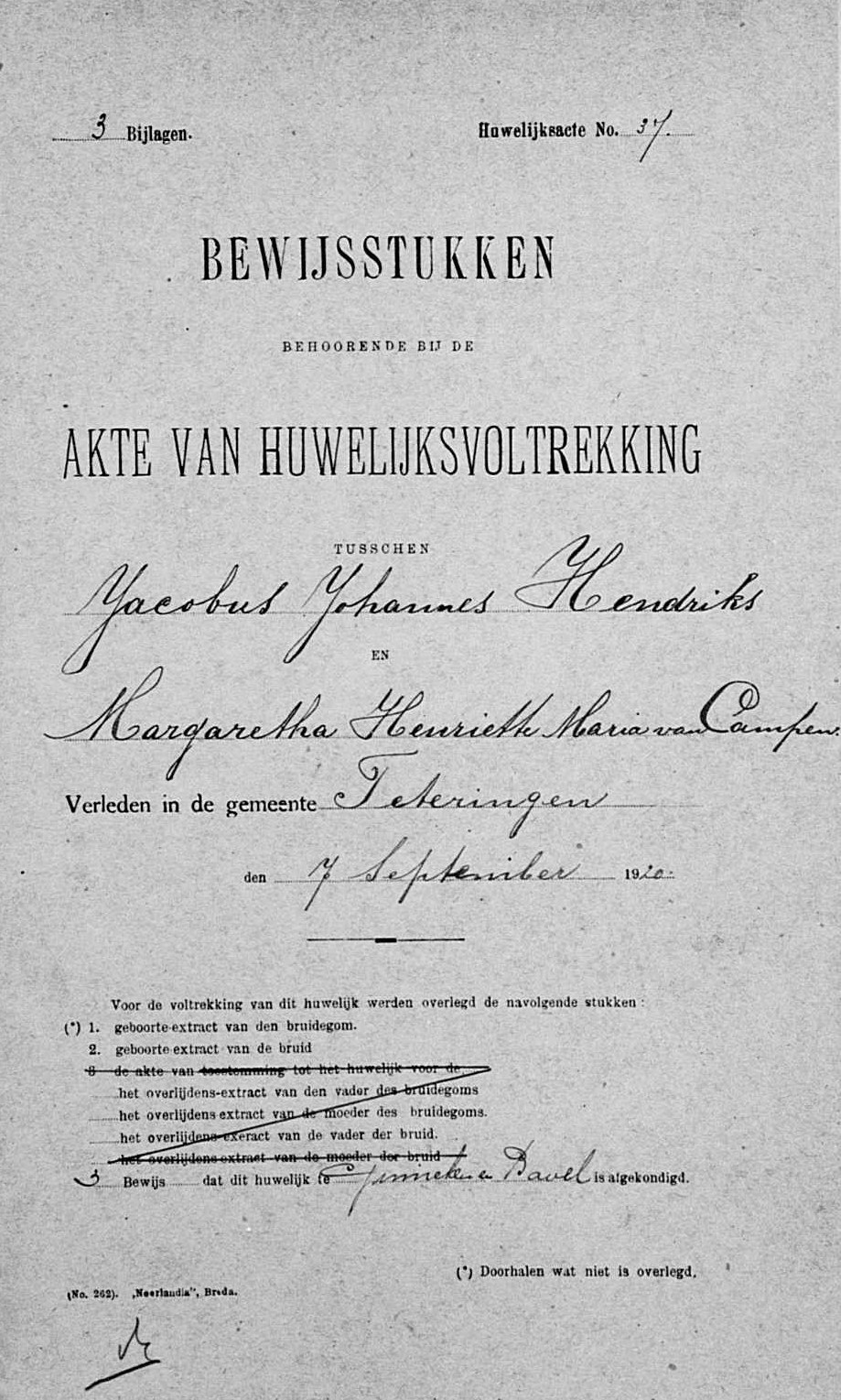  - huwelijksbijlage Teteringen 07-09-1920 - Jacobus Johannes Hendriks en Margaretha Henriette Maria van Campen